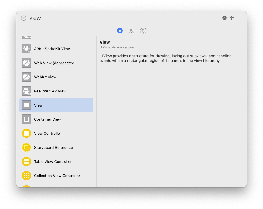 Xcode 오브젝트 라이브러리에서 UIView를 추가하기 위해 View를 선택한 화면