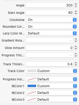 Attributes Inspector에 표시된 KDCircularProgress의 각도, 진행 막대 두께와 색상 설정